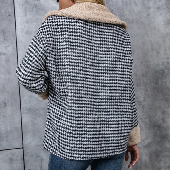 Houndstooth Vegan Shearling Button Up Oversized Jacket Coat - Picture 4 of 5
